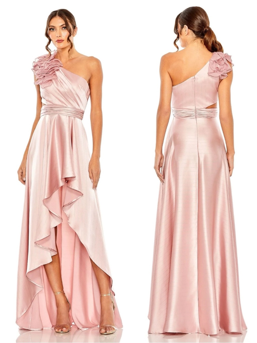 NWT Mac Duggal Women’s Sz 14 Pink Ruffled One Shoulder Cut Out Hi-Lo Gown Dress